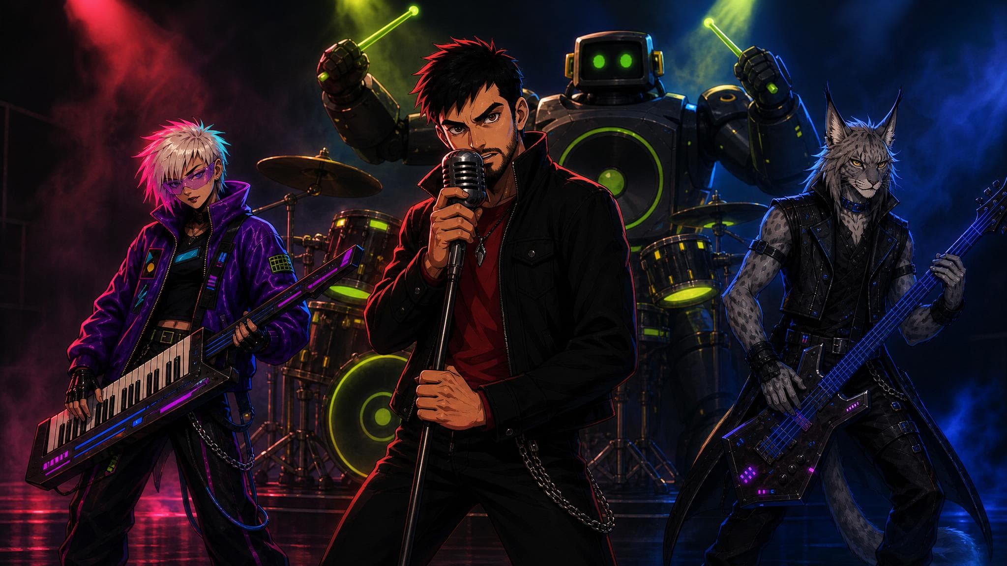 Los Códigos de Cristal posing together with a neon virtual-band look.