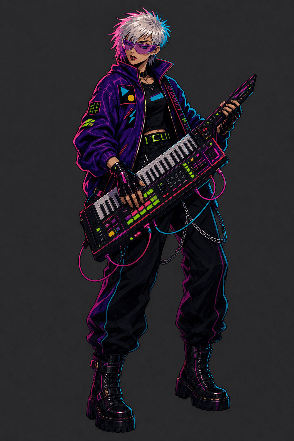 Luma playing a keytar with a neon look.