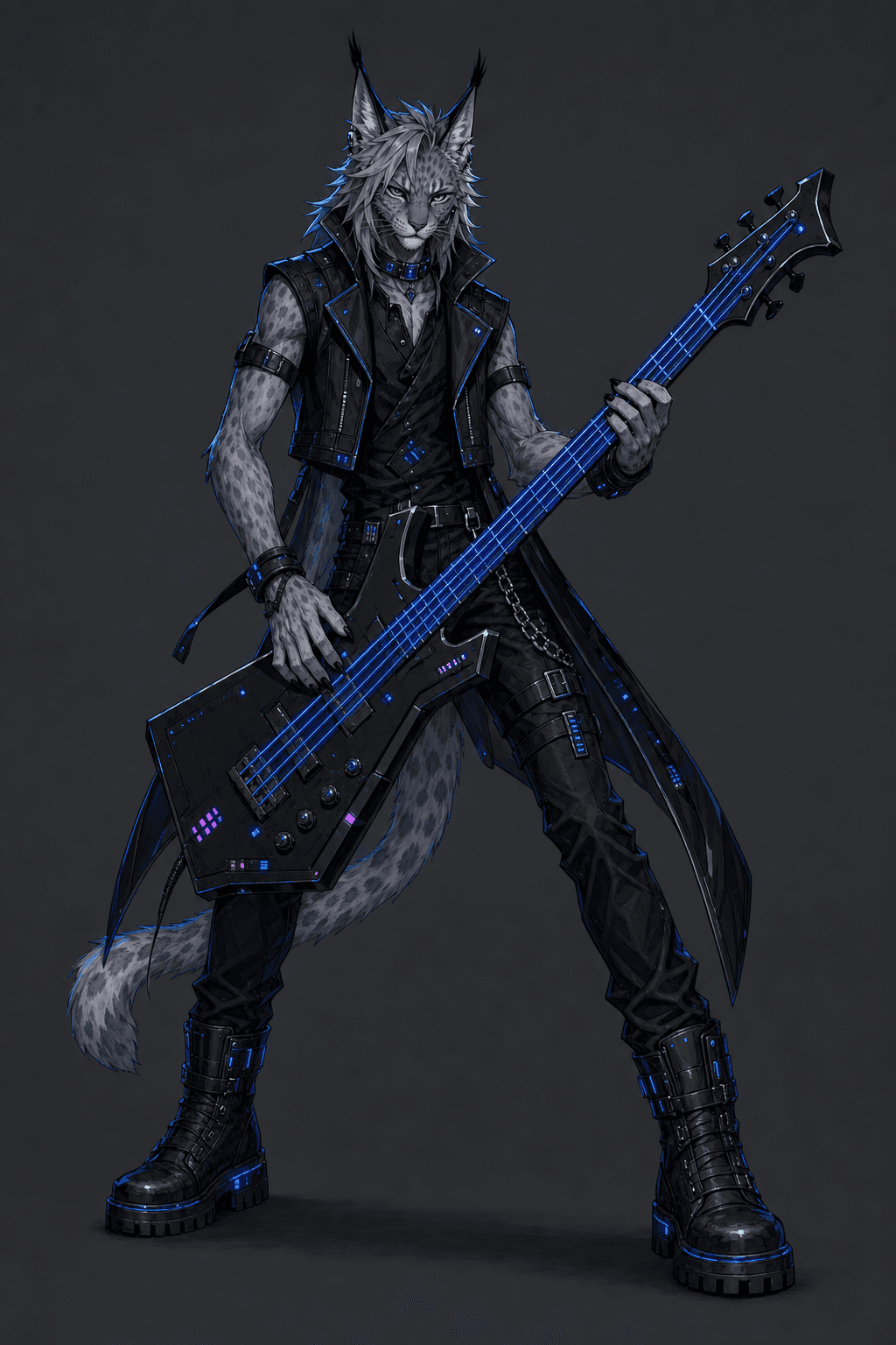 Nox playing a cobalt blue electric bass.